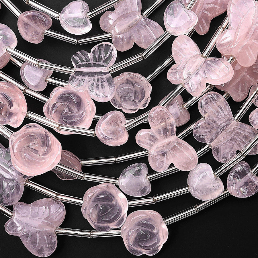 Natural Pink Rose Quartz Butterfly Rose Flower Heart Beads Center Drilled Gemstone 15.5" Strand