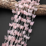 Natural Pink Rose Quartz Butterfly Ribbon Bow Beads Center Drilled Gemstone 15.5" Strand