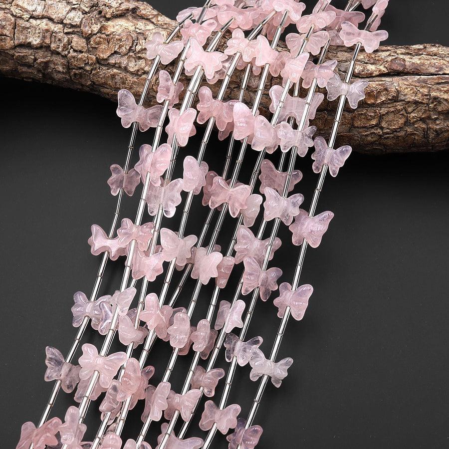 Natural Pink Rose Quartz Butterfly Ribbon Bow Beads Center Drilled Gemstone 15.5" Strand