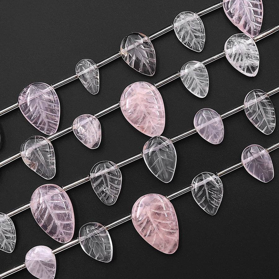 Natural Clear Rock Crystal Quartz Pink Rose Quartz Leaf Beads Top Side Drilled Gemstone 15.5" Strand