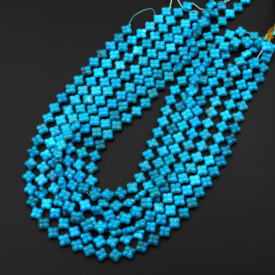 AAA Hand Carved Real Genuine Natural Blue Turquoise 3D 4 Leaf Clover 8mm Beads Choose from 5 pcs, 10 pcs, Full 16" Strand