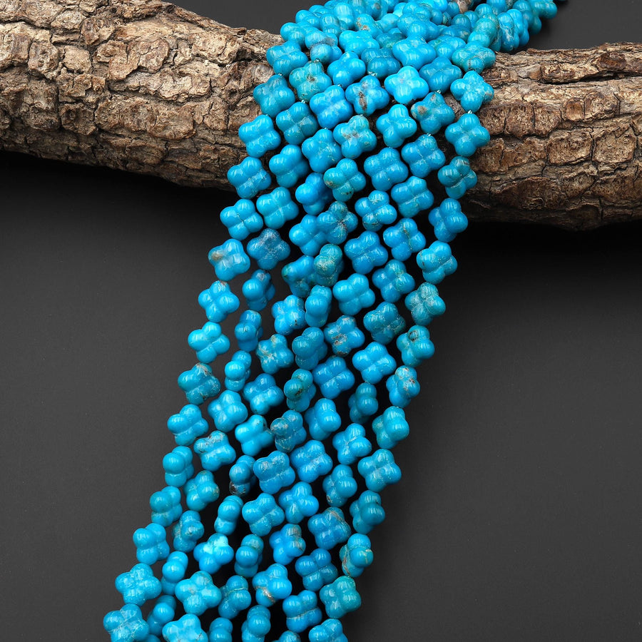 AAA Hand Carved Real Genuine Natural Blue Turquoise 3D 4 Leaf Clover 8mm Beads Choose from 5 pcs, 10 pcs, Full 16" Strand