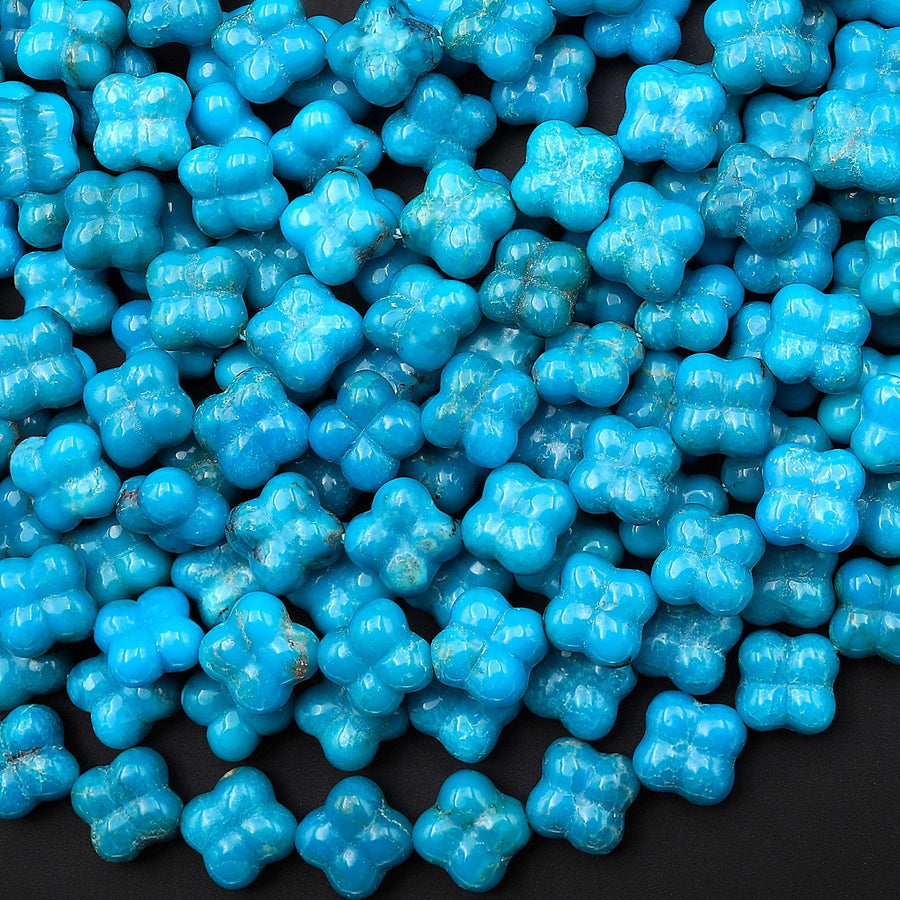 AAA Hand Carved Real Genuine Natural Blue Turquoise 3D 4 Leaf Clover 8mm Beads Choose from 5 pcs, 10 pcs, Full 16" Strand