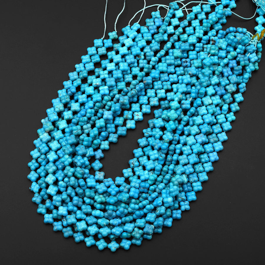 AAA Hand Carved Real Genuine Natural Blue Arizona Turquoise 3D 4 Leaf Clover 8mm Beads Choose from 5 pcs, 10 pcs, Full 16" Strand B1631