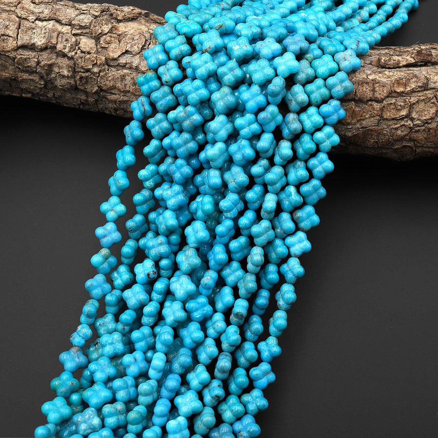 AAA Hand Carved Real Genuine Natural Blue Arizona Turquoise 3D 4 Leaf Clover 8mm Beads Choose from 5 pcs, 10 pcs, Full 16" Strand B1631