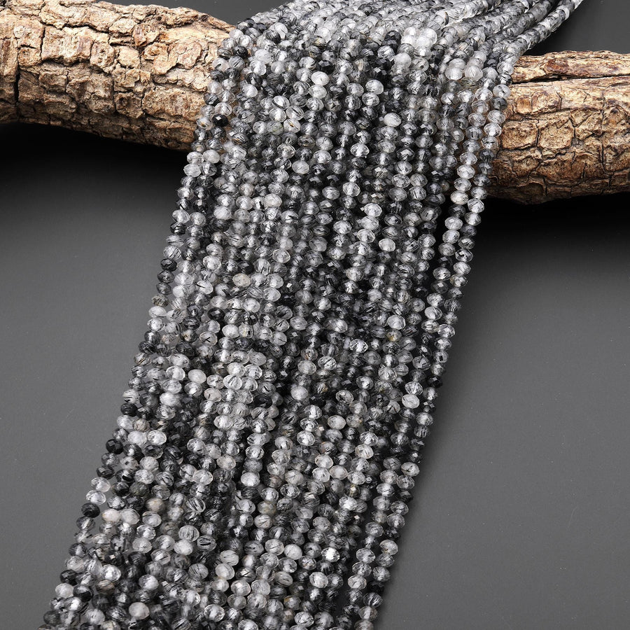 Natural Black Tourmaline Rutilated Rutile Quartz 4mm Faceted Rondelle Beads Gemstone 15.5" Strand