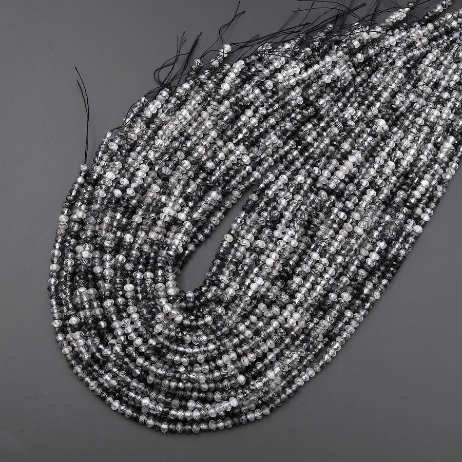 Natural Black Tourmaline Rutilated Rutile Quartz 4mm Faceted Rondelle Beads Gemstone 15.5" Strand