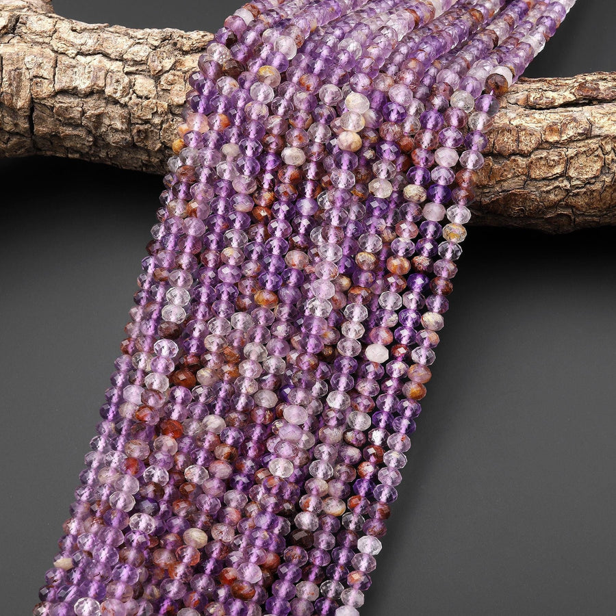 Faceted Natural Super 7 Phantom Amethyst Cacoxenite 6mm Rondelle Beads 15.5" Strand