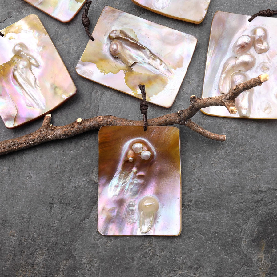 Natural Mother of Pearl Rectangle Pendant Iridescent Golden Baroque Blister Pearl Jewelry
