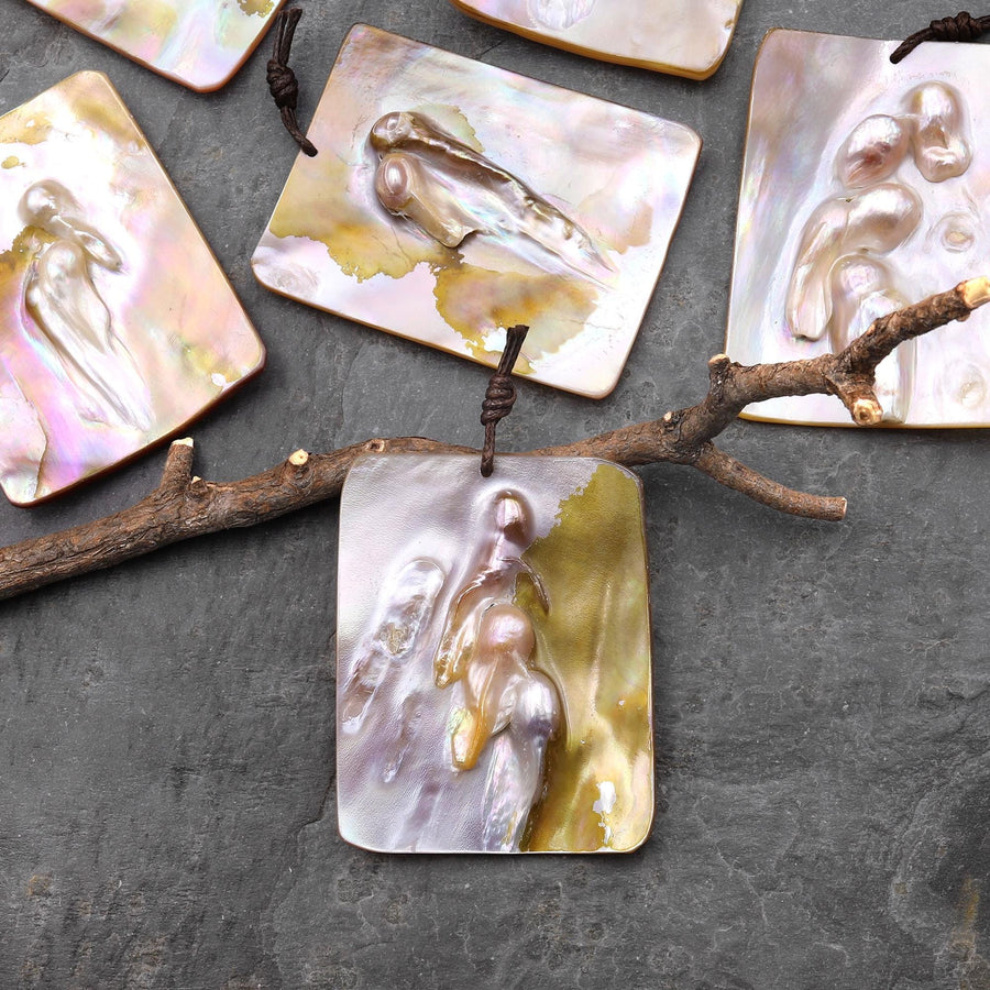 Natural Mother of Pearl Rectangle Pendant Iridescent Golden Baroque Blister Pearl Jewelry