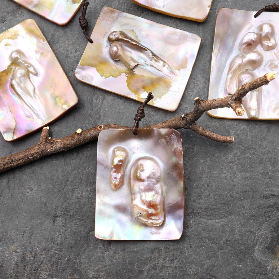 Natural Mother of Pearl Rectangle Pendant Iridescent Golden Baroque Blister Pearl Jewelry A3