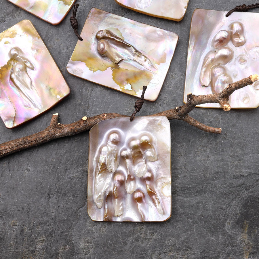 Natural Mother of Pearl Rectangle Pendant Iridescent Golden Baroque Blister Pearl Jewelry A5
