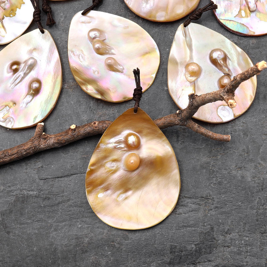 Natural Mother of Pearl Teardrop Pendant Iridescent Golden Baroque Blister Pearl Jewelry