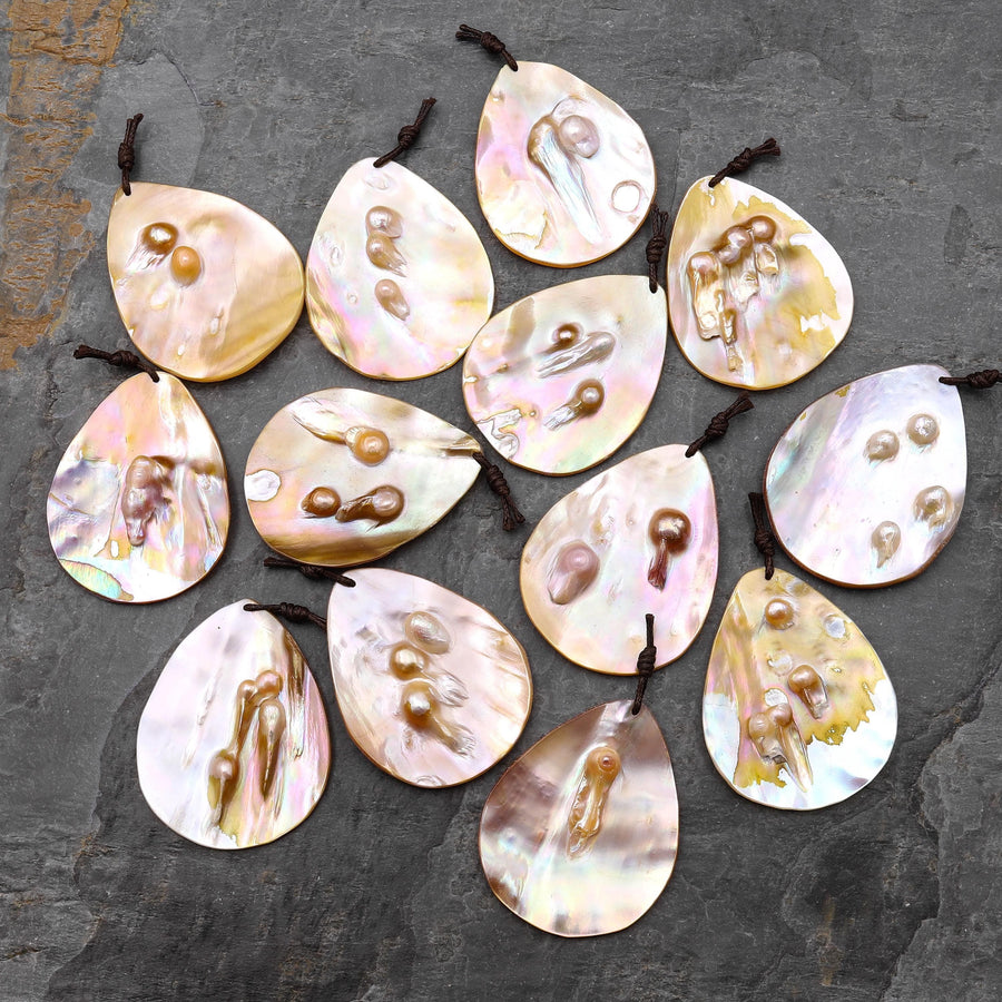 Natural Mother of Pearl Teardrop Pendant Iridescent Golden Baroque Blister Pearl Jewelry