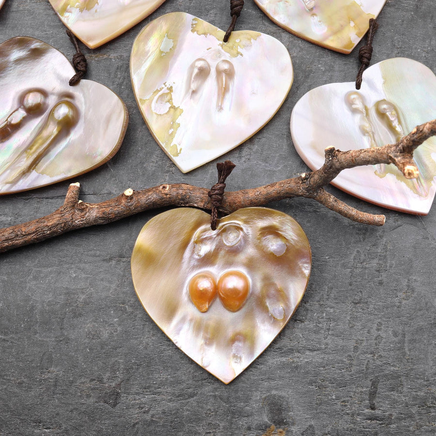 Natural Mother of Pearl Heart Pendant Iridescent Golden Baroque Blister Pearl Jewelry