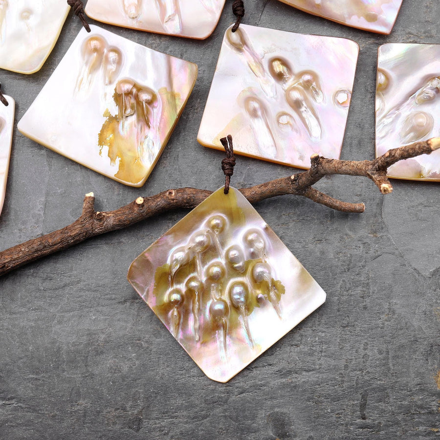 Natural Mother of Pearl Diamond Square Pendant Iridescent Golden Baroque Blister Pearl Jewelry