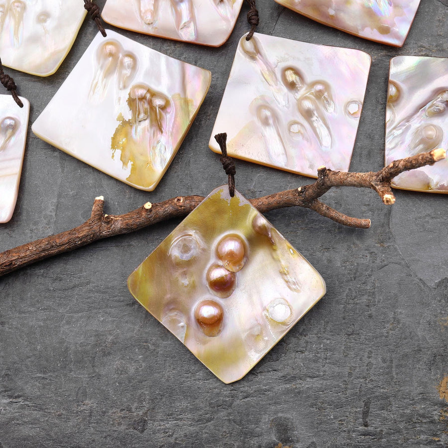 Natural Mother of Pearl Diamond Square Pendant Iridescent Golden Baroque Blister Pearl Jewelry