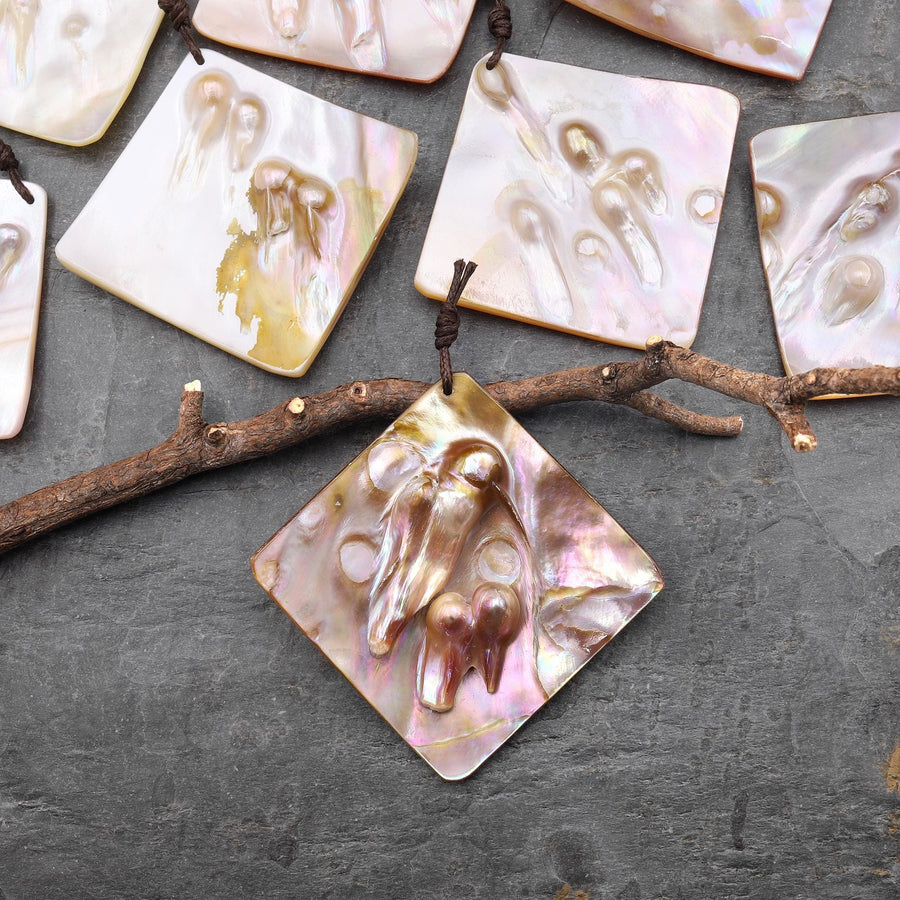 Natural Mother of Pearl Diamond Square Pendant Iridescent Golden Baroque Blister Pearl Jewelry