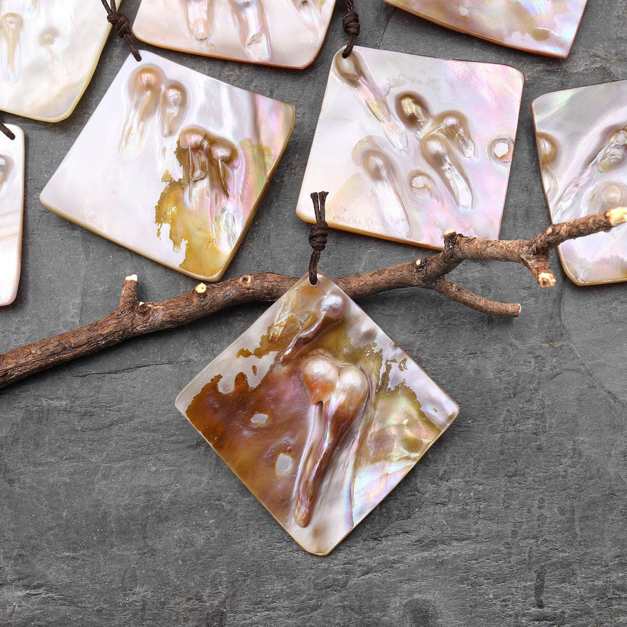 Natural Mother of Pearl Diamond Square Pendant Iridescent Golden Baroque Blister Pearl Jewelry