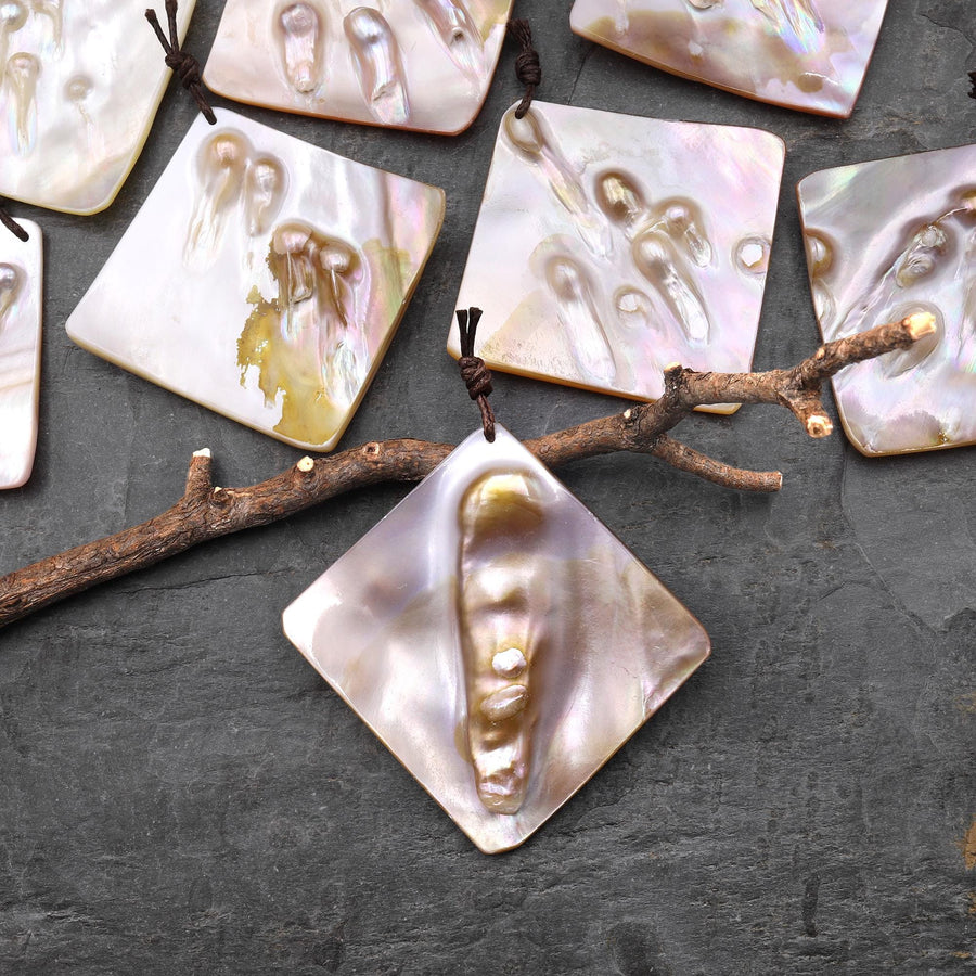 Natural Mother of Pearl Diamond Square Pendant Iridescent Golden Baroque Blister Pearl Jewelry A8