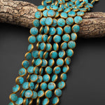 Genuine 100% Natural Blue Green Turquoise Gold Copper Edging Coin Beads Choose from 5pcs, 10pcs 15.5" Strand