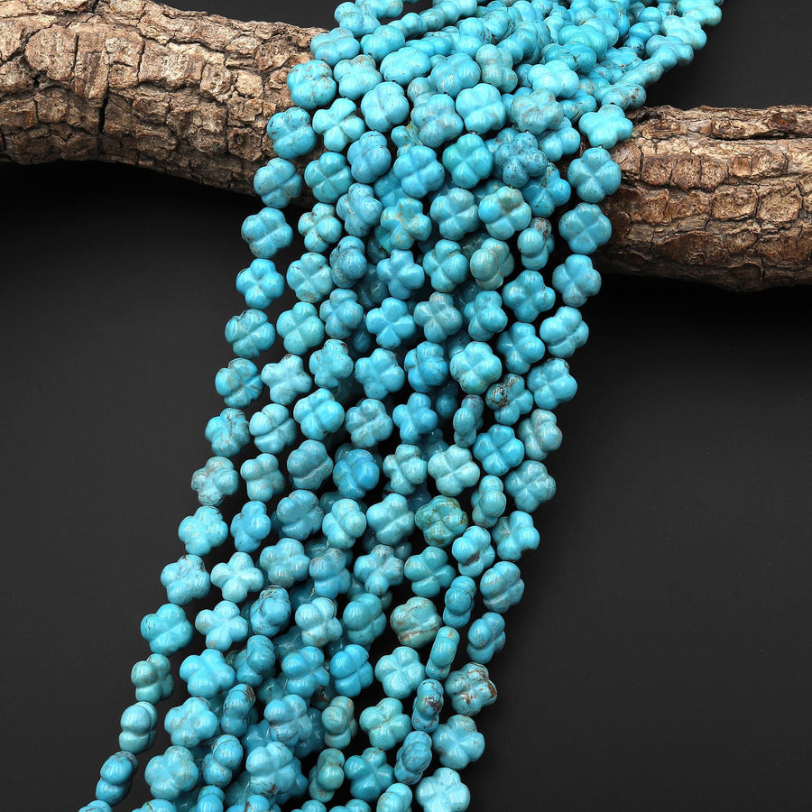 Hand Carved Real Genuine Natural Light Blue Turquoise 3D 4 Leaf Clover 10mm Beads Choose from 5 pcs, 10 pcs, or full 16" Strand