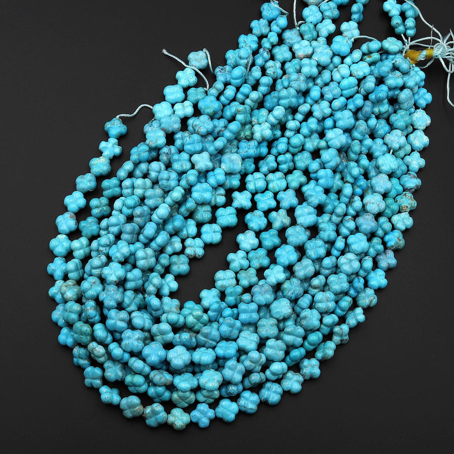 Hand Carved Real Genuine Natural Light Blue Turquoise 3D 4 Leaf Clover 10mm Beads Choose from 5 pcs, 10 pcs, or full 16" Strand