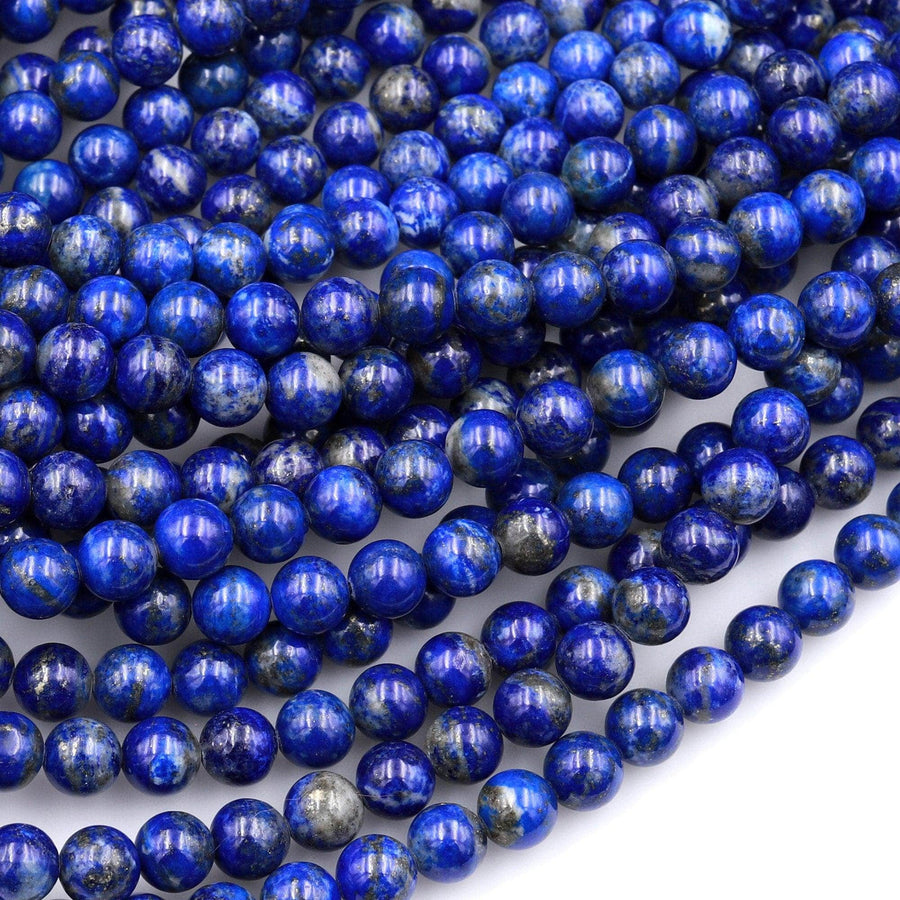 Genuine 100% Natural Blue Lapis 3mm 4mm 6mm 8mm 10mm 12mm Round Beads With Pyrite Calcite Matrix 15.5" Strand