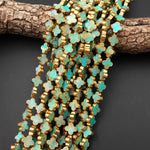 Genuine Natural Green Golden Brown Turquoise Gold Copper Edging 4 Four Leaf Clover 12mm 14mm Beads Choose from 5pcs, 10pcs, Full 16" Strand