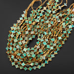 Genuine Natural Green Golden Brown Turquoise Gold Copper Edging 4 Four Leaf Clover 12mm 14mm Beads Choose from 5pcs, 10pcs, Full 16" Strand