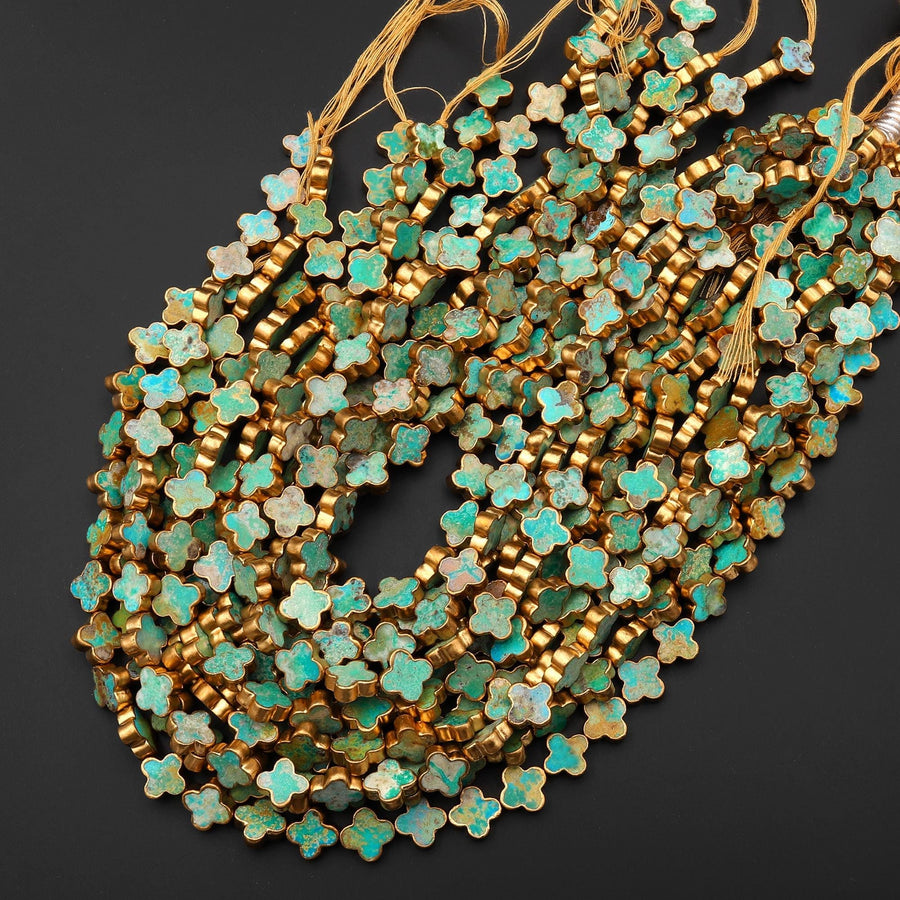 Genuine Natural Green Golden Brown Turquoise Gold Copper Edging 4 Four Leaf Clover 12mm 14mm Beads Choose from 5pcs, 10pcs, Full 16" Strand