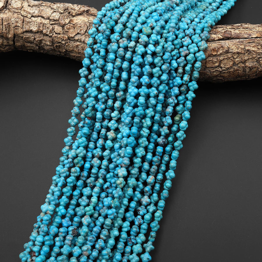 Hand Carved Real Genuine Natural Blue Turquoise 3D 4 Leaf Clover 6mm Beads Choose from 5 pcs, 10 pcs, or full 16" Strand