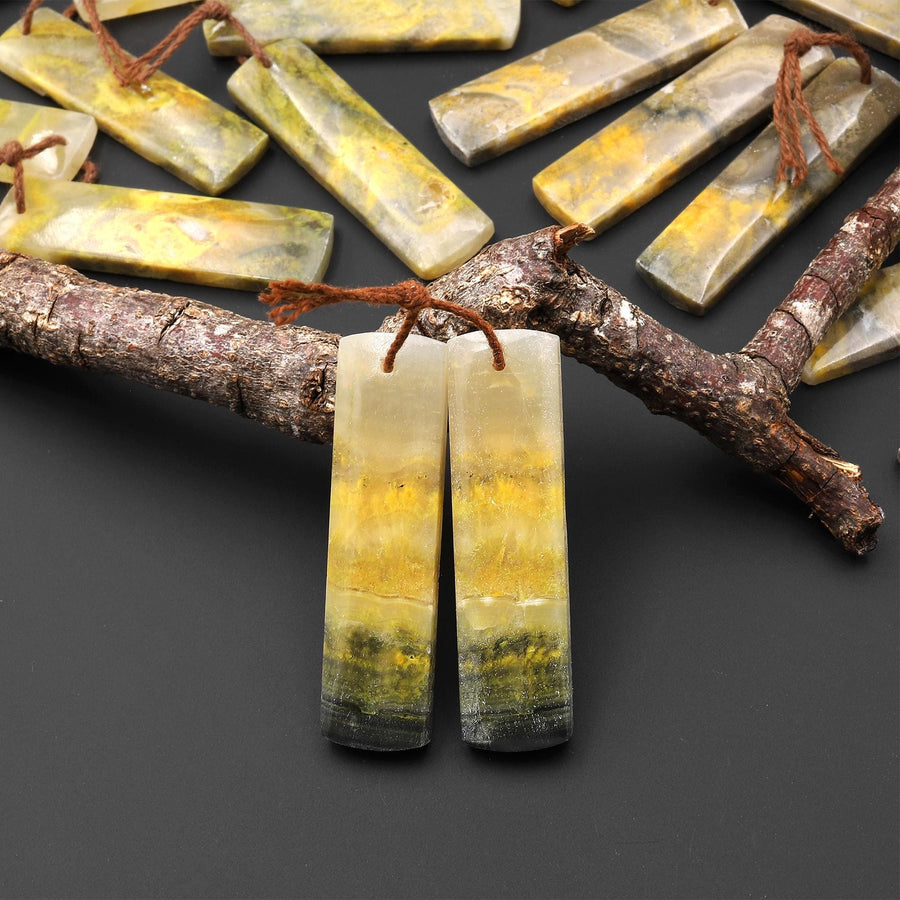 Natural Indonesian Yellow Jasper Rectangle Pair Drilled Matched Gemstone Beads A2
