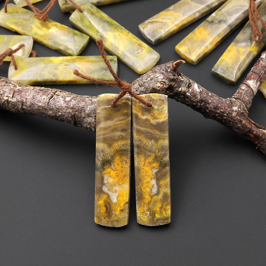 Natural Indonesian Yellow Jasper Rectangle Pair Drilled Matched Gemstone Beads A8