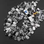 Natural Black Tourmaline Rutilated Quartz Freeform Teardrop Focal Pendant Beads Top Side Drilled Gemstone 15.5" Strand