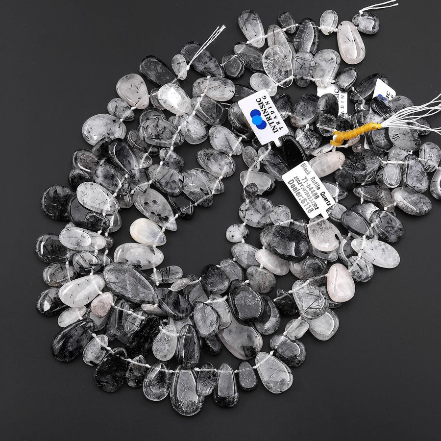 Natural Black Tourmaline Rutilated Quartz Freeform Teardrop Focal Pendant Beads Top Side Drilled Gemstone 15.5" Strand