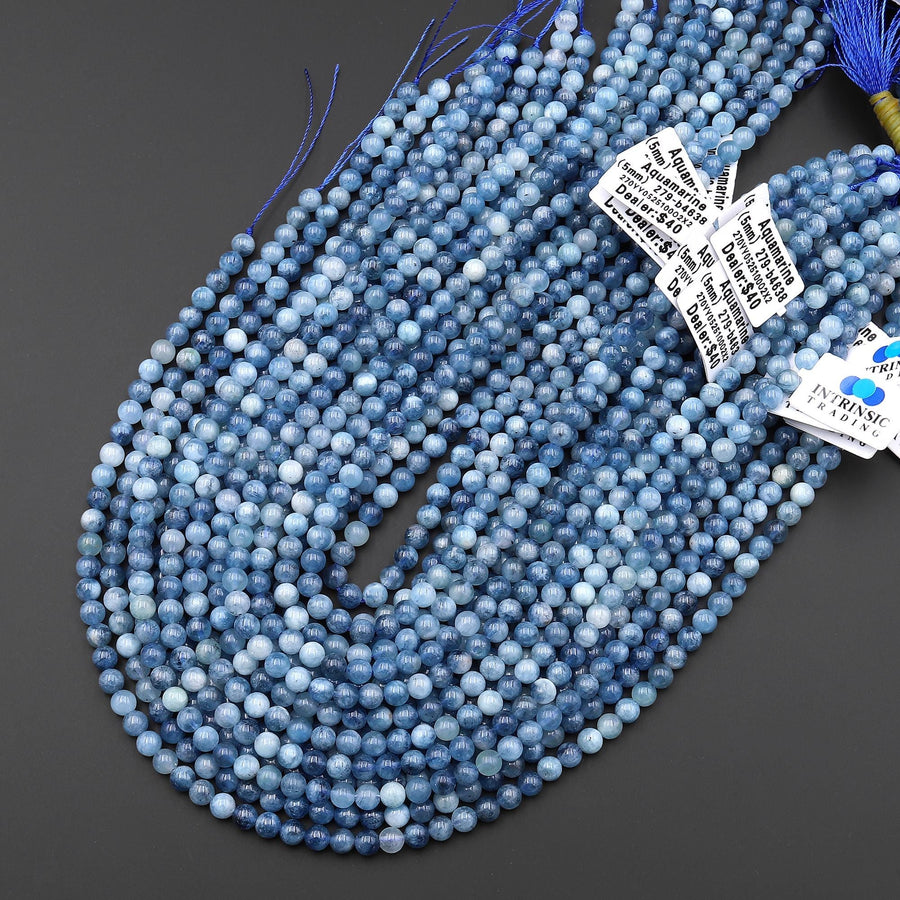 AA Natural Stormy Blue Santa Maria Aquamarine Smooth 5mm Round Beads Gemstone 15.5" Strand