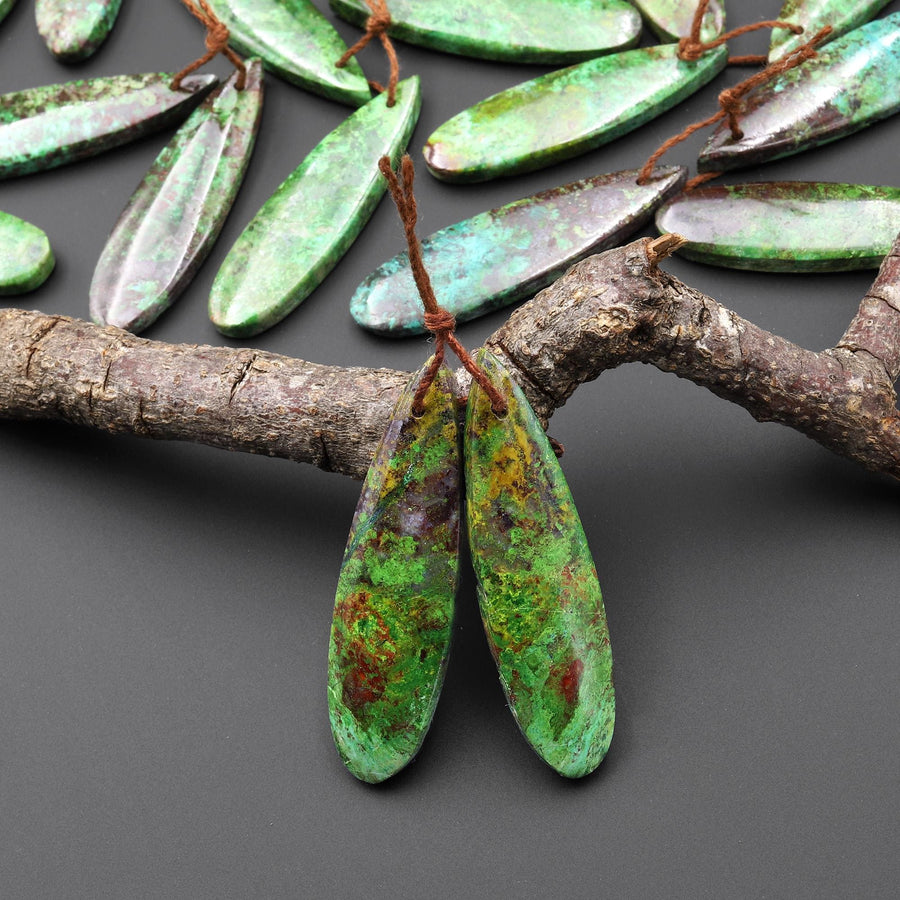 Rare Natural Mexican Apple Green Parrot Wing Chrysocolla Teardrop Earring Pair A2