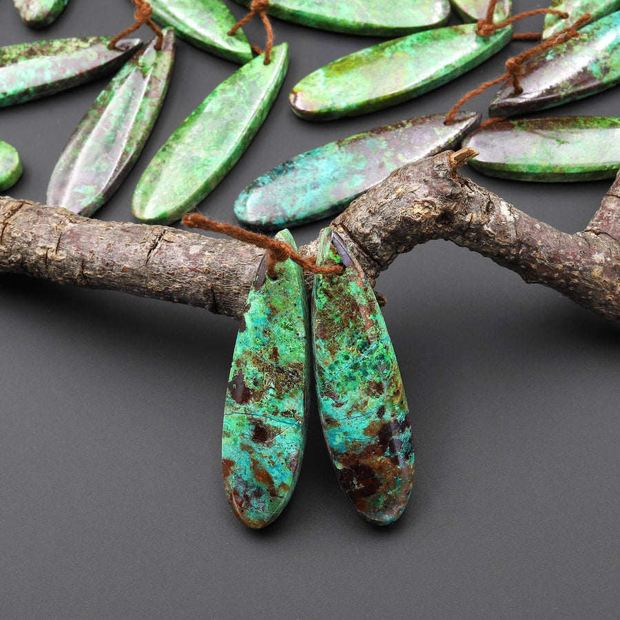 Rare Natural Mexican Apple Green Parrot Wing Chrysocolla Teardrop Earring Pair A3