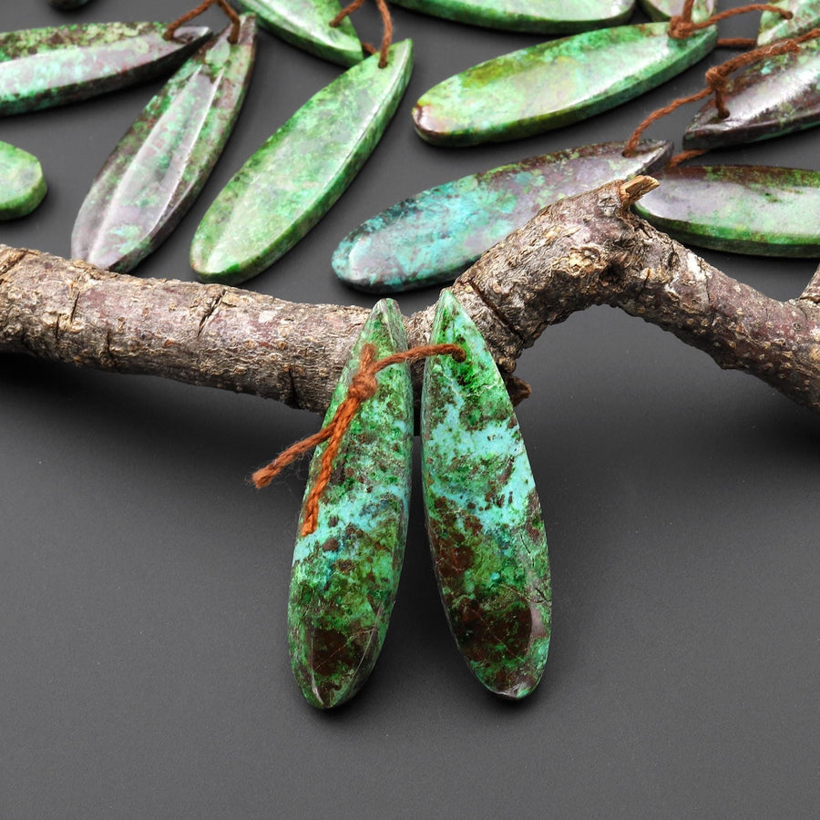 Rare Natural Mexican Apple Green Parrot Wing Chrysocolla Teardrop Earring Pair A4