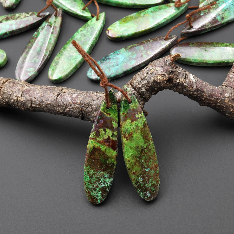 Rare Natural Mexican Apple Green Parrot Wing Chrysocolla Teardrop Earring Pair A5