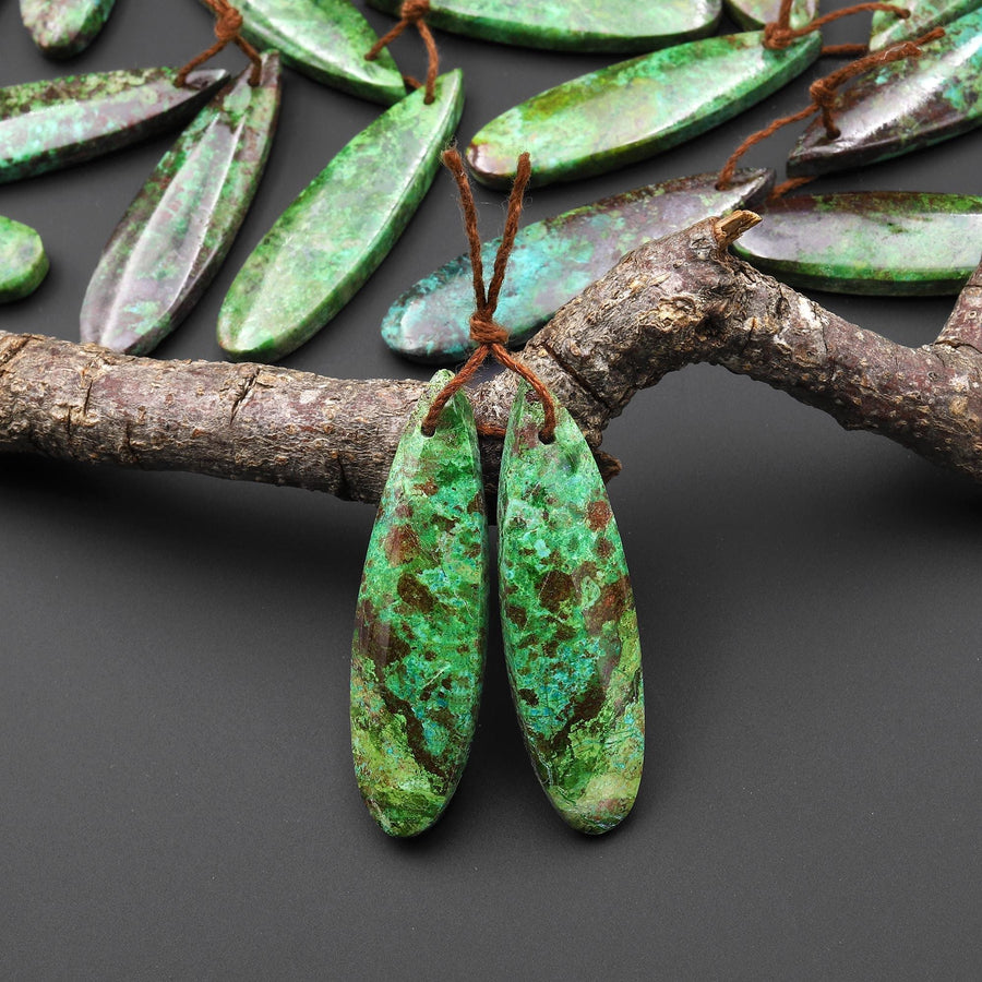 Rare Natural Mexican Apple Green Parrot Wing Chrysocolla Teardrop Earring Pair A7