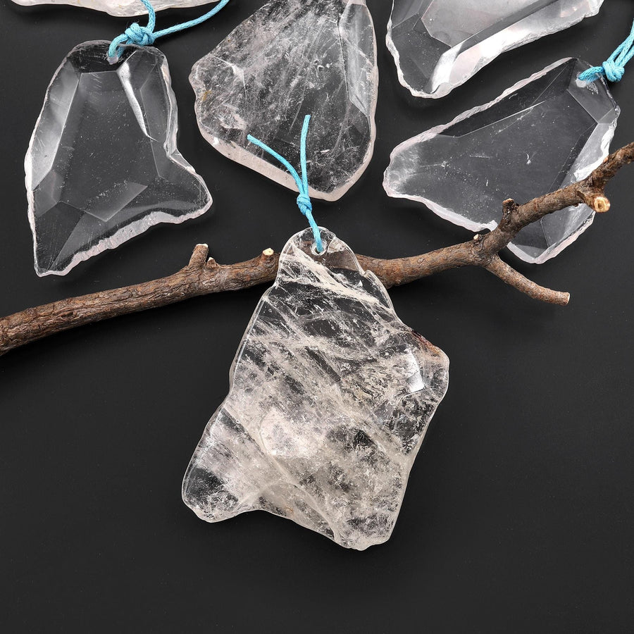 Large Translucent Faceted Natural Rock Quartz Freeform Pendant A3