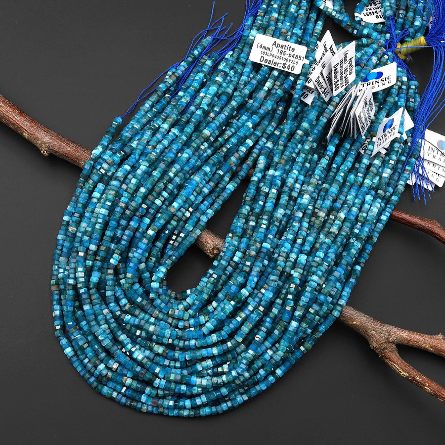 Faceted Natural Teal Blue Apatite 4mm Hexagon Rondelle Beads Gemstone 15.5" Strand