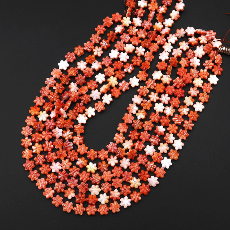 AAA Carved Natural Pink Red Orange Spiny Oyster Daisy Flower Beads 8mm 16" Strand