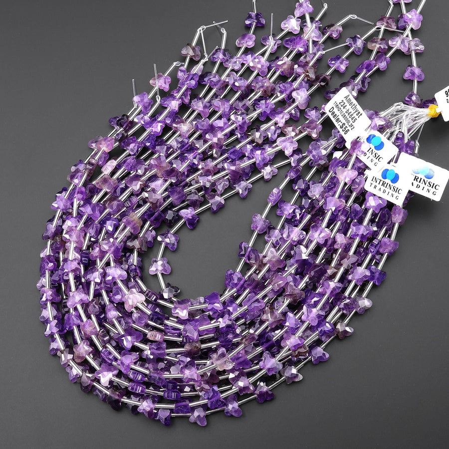 Faceted Natural Purple Amethyst Butterfly Beads 10mm Carved Gemstone 15.5" Strand