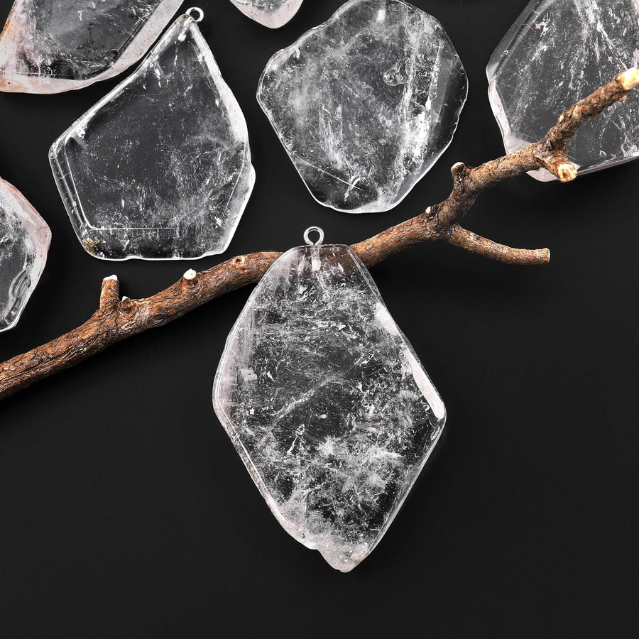 Large Translucent Natural Rock Quartz Freeform Slab Pendant A2