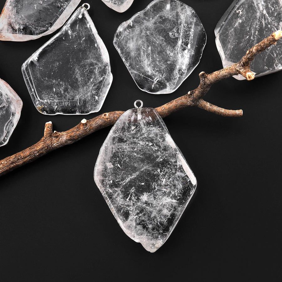 Large Translucent Natural Rock Quartz Freeform Slab Pendant A1