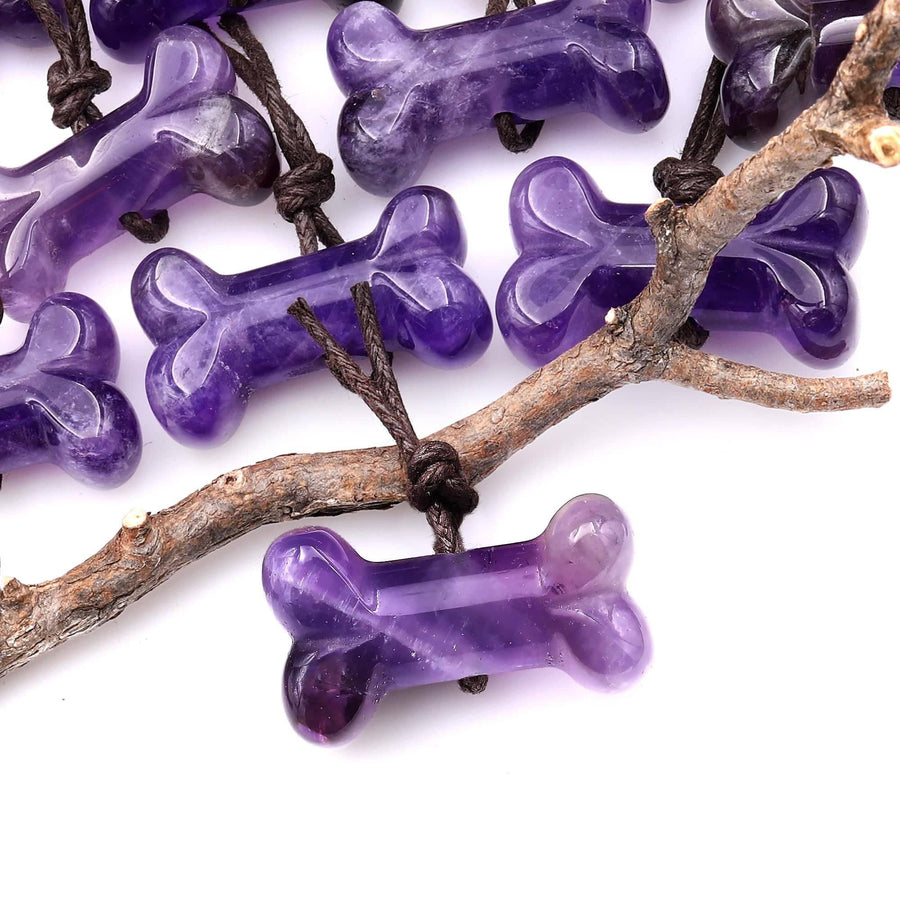 Carved Natural Purple Amethyst Dog Bone Center Drilled Pendant A4