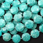 AAA Faceted Natural Peruvian Amazonite Faceted Coin Beads 15mm Stunning Natural Blue Green Gemstone 15.5" Strand